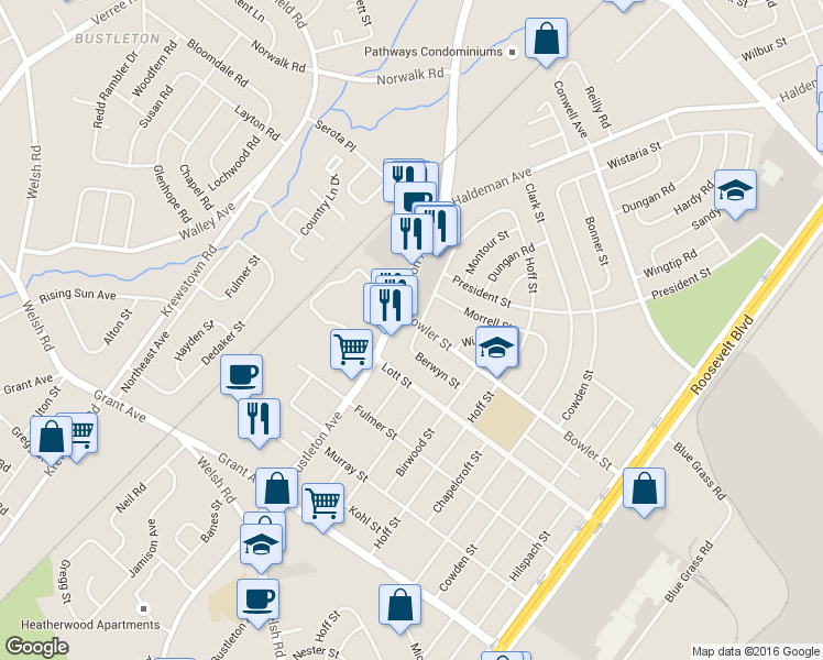 map of restaurants, bars, coffee shops, grocery stores, and more near 1823 Bowler Street in Philadelphia