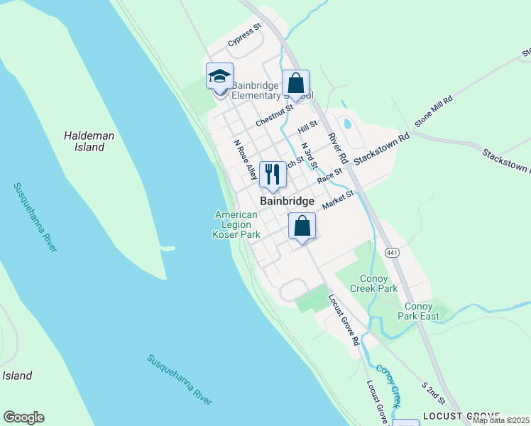 map of restaurants, bars, coffee shops, grocery stores, and more near 133 Race Street in Bainbridge