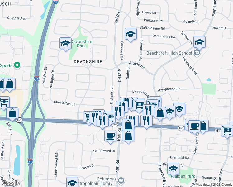 map of restaurants, bars, coffee shops, grocery stores, and more near in Columbus