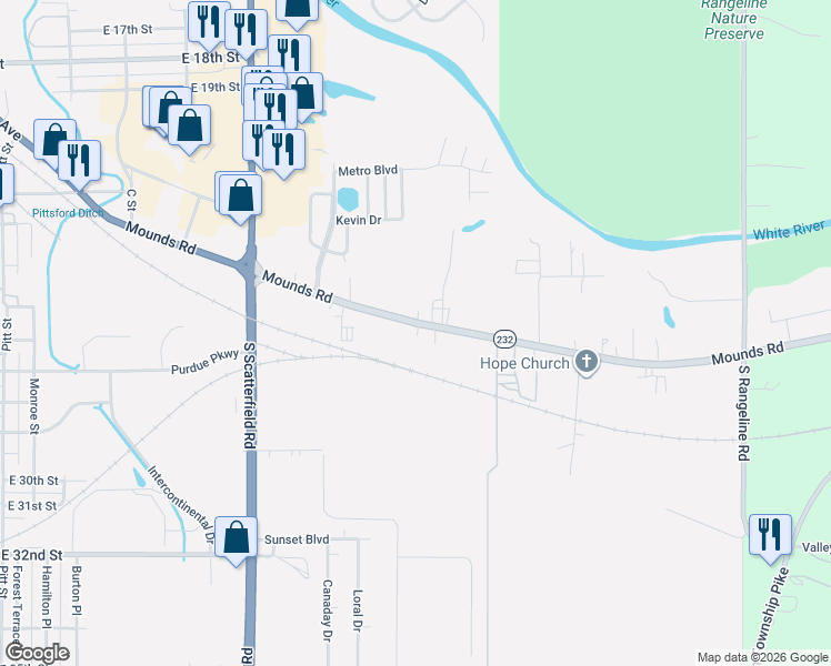 map of restaurants, bars, coffee shops, grocery stores, and more near 2517 Mounds Road in Anderson