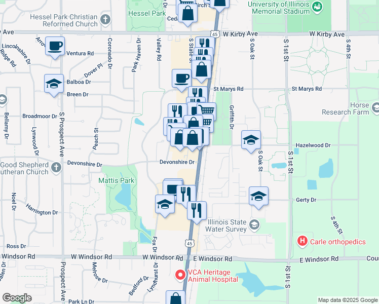 map of restaurants, bars, coffee shops, grocery stores, and more near 2037 South Neil Street in Champaign