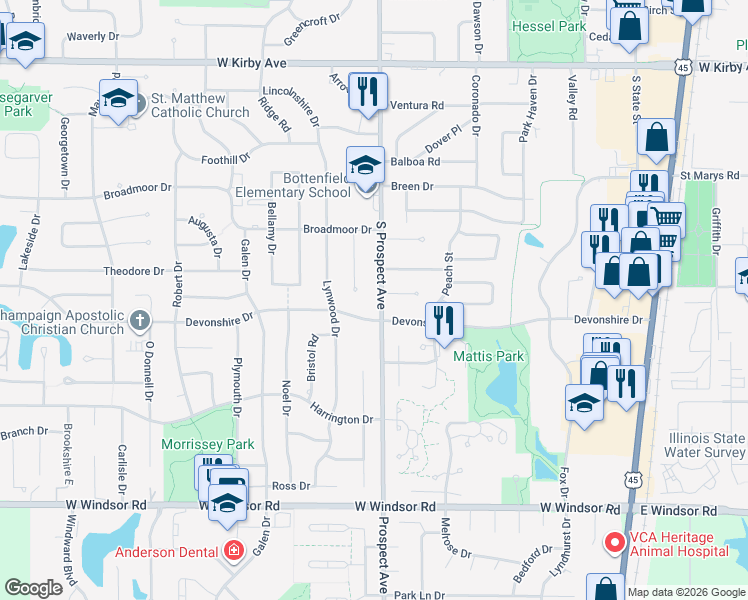 map of restaurants, bars, coffee shops, grocery stores, and more near 1922 David Drive in Champaign