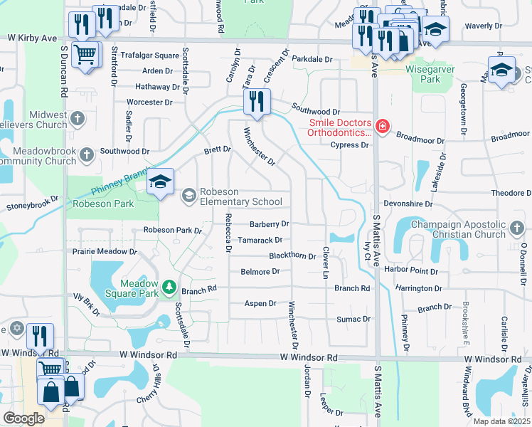 map of restaurants, bars, coffee shops, grocery stores, and more near 2207 Glenoak Drive in Champaign