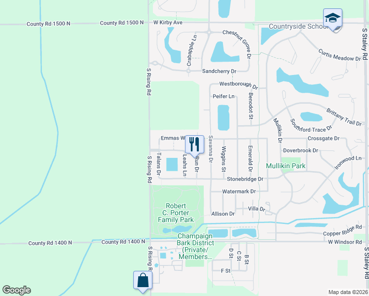 map of restaurants, bars, coffee shops, grocery stores, and more near 5106 Jacks Boulevard in Champaign