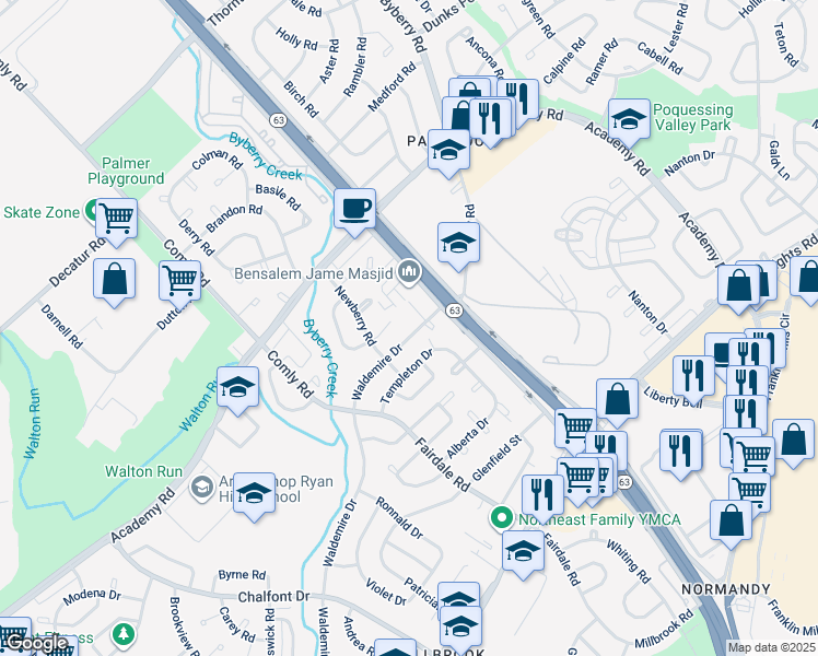 map of restaurants, bars, coffee shops, grocery stores, and more near 12032 Waldemire Drive in Philadelphia