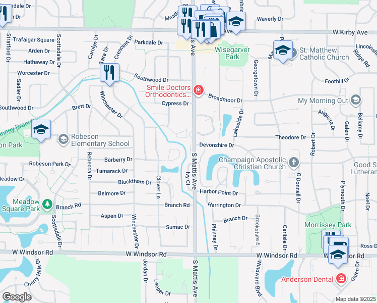 map of restaurants, bars, coffee shops, grocery stores, and more near 2003 South Mattis Avenue in Champaign
