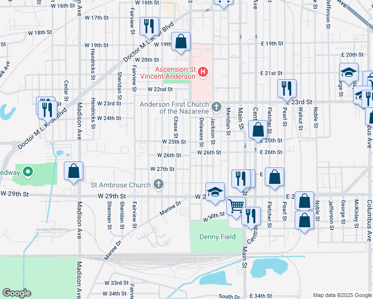 map of restaurants, bars, coffee shops, grocery stores, and more near 2519 Brown Street in Anderson