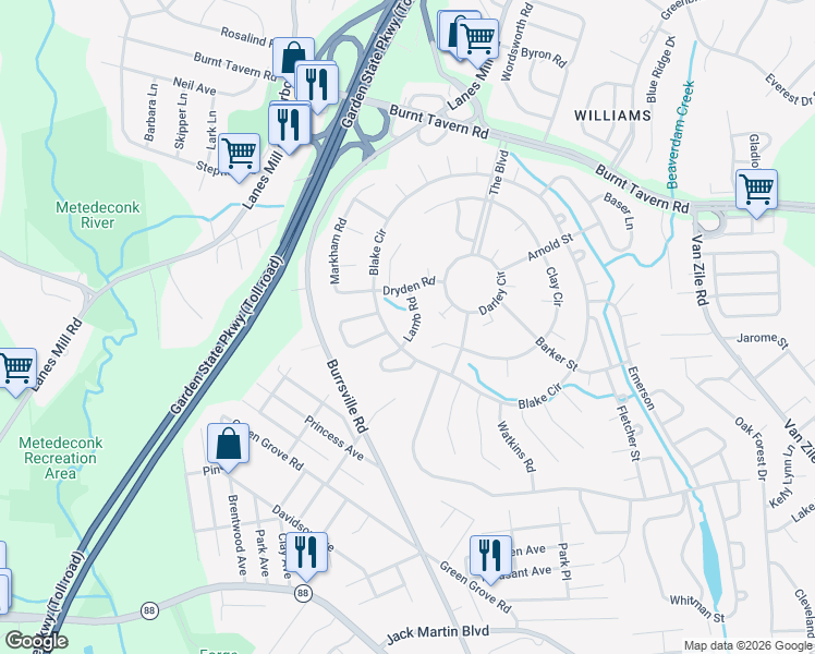 map of restaurants, bars, coffee shops, grocery stores, and more near 16 Lamb Road in Brick Township