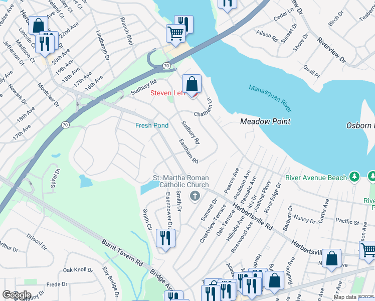 map of restaurants, bars, coffee shops, grocery stores, and more near 300 Eastham Road in Point Pleasant