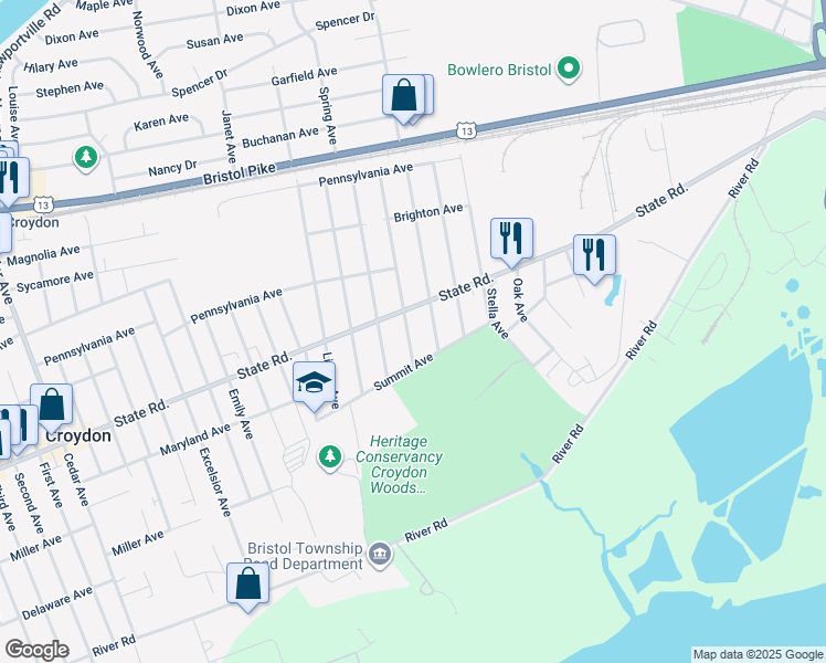 map of restaurants, bars, coffee shops, grocery stores, and more near 819 Central Avenue in Croydon