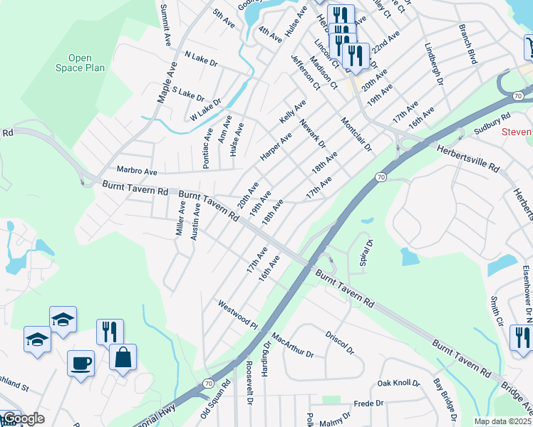 map of restaurants, bars, coffee shops, grocery stores, and more near 405 18th Avenue in Brick Township