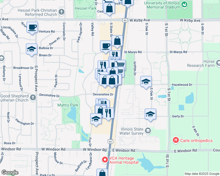 map of restaurants, bars, coffee shops, grocery stores, and more near 2011 South Neil Street in Champaign