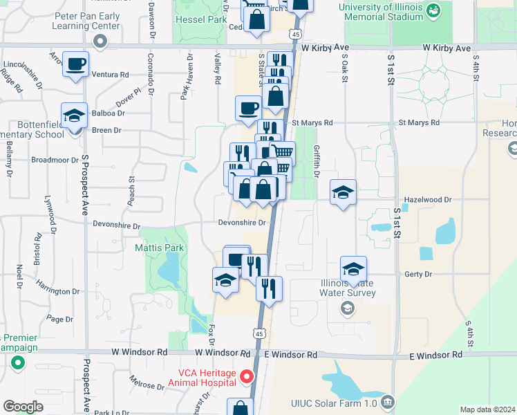 map of restaurants, bars, coffee shops, grocery stores, and more near 2011 South Neil Street in Champaign