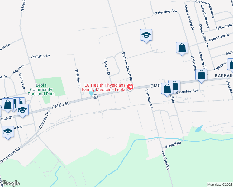 map of restaurants, bars, coffee shops, grocery stores, and more near 126 East Main Street in Leola