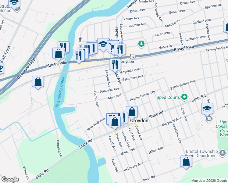 map of restaurants, bars, coffee shops, grocery stores, and more near 610 Princess Avenue in Croydon