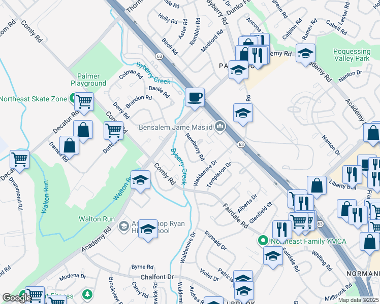 map of restaurants, bars, coffee shops, grocery stores, and more near 3639 Salina Road in Philadelphia