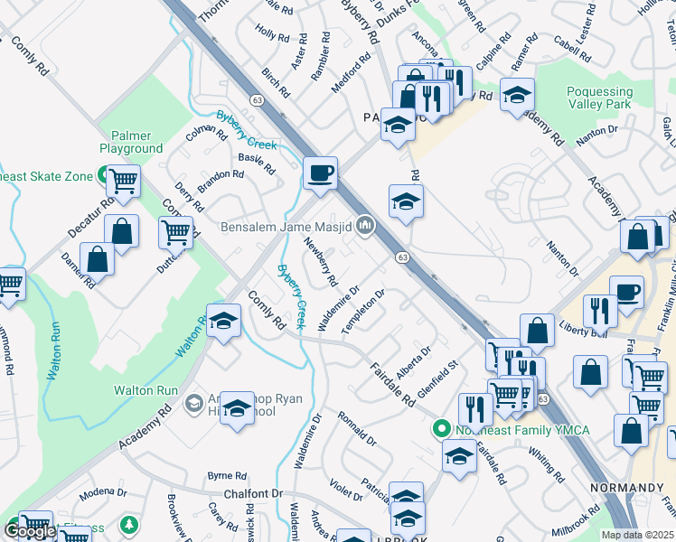 map of restaurants, bars, coffee shops, grocery stores, and more near 12006 Salina Place in Philadelphia