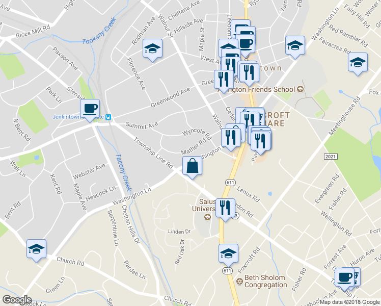 map of restaurants, bars, coffee shops, grocery stores, and more near 252 Mather Road in Jenkintown