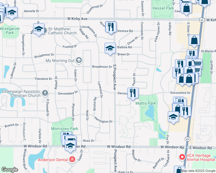 map of restaurants, bars, coffee shops, grocery stores, and more near 1922 David Drive in Champaign