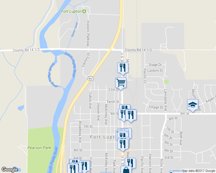 map of restaurants, bars, coffee shops, grocery stores, and more near 1120 McKinley Avenue in Fort Lupton