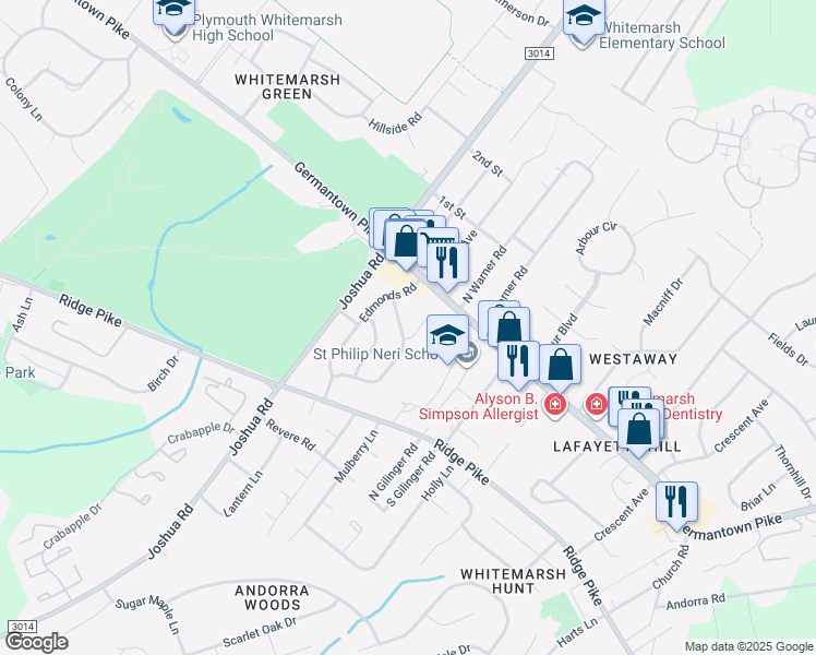 map of restaurants, bars, coffee shops, grocery stores, and more near 3036 Mathers Mill Road in Lafayette Hill