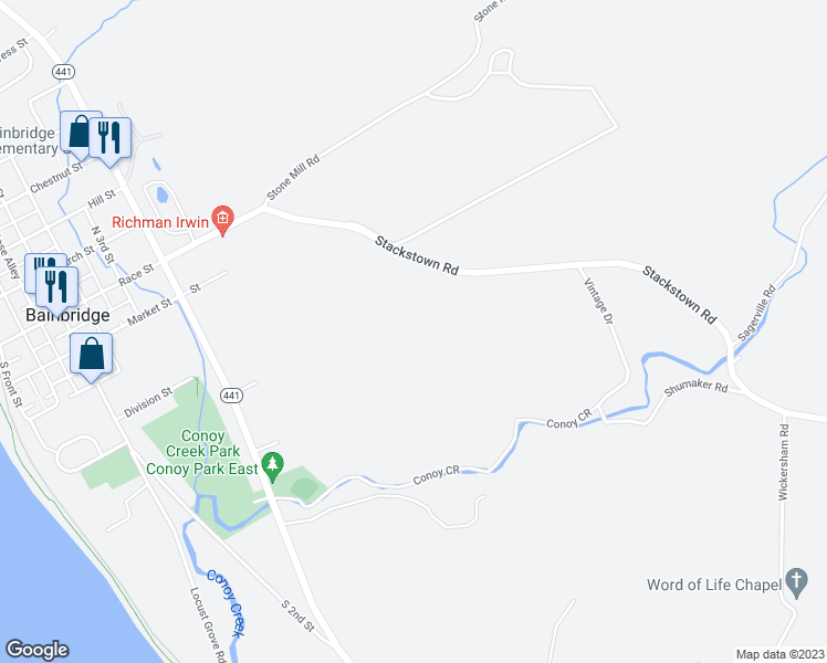 map of restaurants, bars, coffee shops, grocery stores, and more near 822 Stackstown Road in Bainbridge