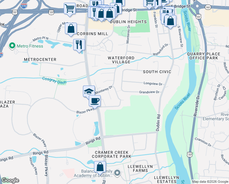 map of restaurants, bars, coffee shops, grocery stores, and more near 331 Pebble Creek Drive in Dublin