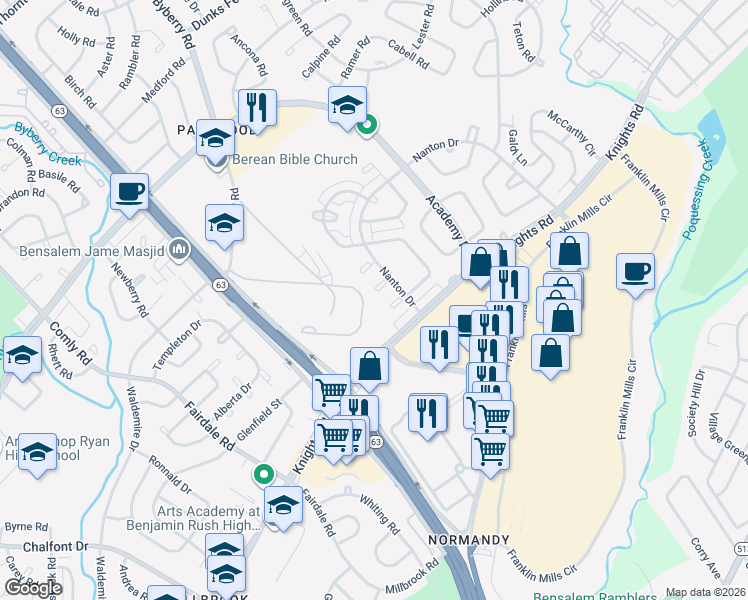 map of restaurants, bars, coffee shops, grocery stores, and more near 3610 Nanton Pl in Philadelphia