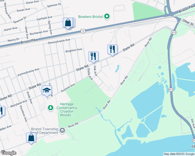 map of restaurants, bars, coffee shops, grocery stores, and more near 910 Oak Avenue in Croydon
