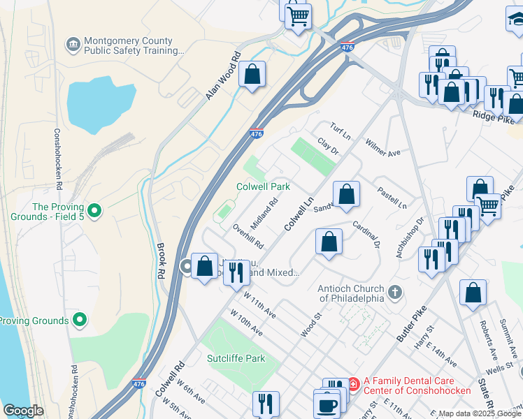 map of restaurants, bars, coffee shops, grocery stores, and more near 1324 Midland Rd in Conshohocken