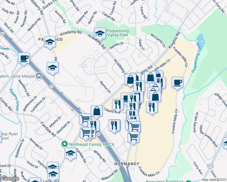 map of restaurants, bars, coffee shops, grocery stores, and more near 12508 Knights Road in Philadelphia