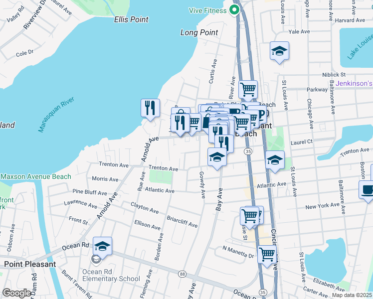 map of restaurants, bars, coffee shops, grocery stores, and more near 813 West Laurel Avenue in Point Pleasant Beach
