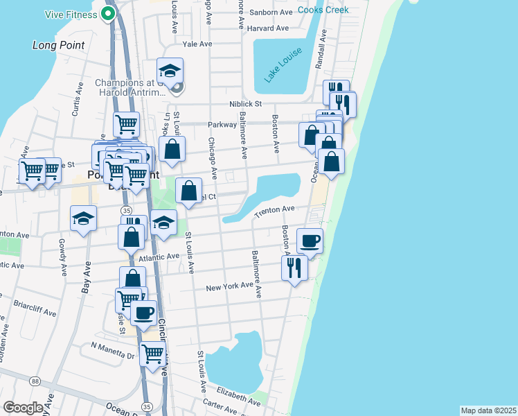 map of restaurants, bars, coffee shops, grocery stores, and more near 115 Trenton Avenue in Point Pleasant Beach