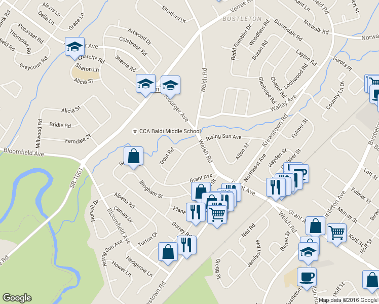 map of restaurants, bars, coffee shops, grocery stores, and more near 9345 Rising Sun Ave in Philadelphia