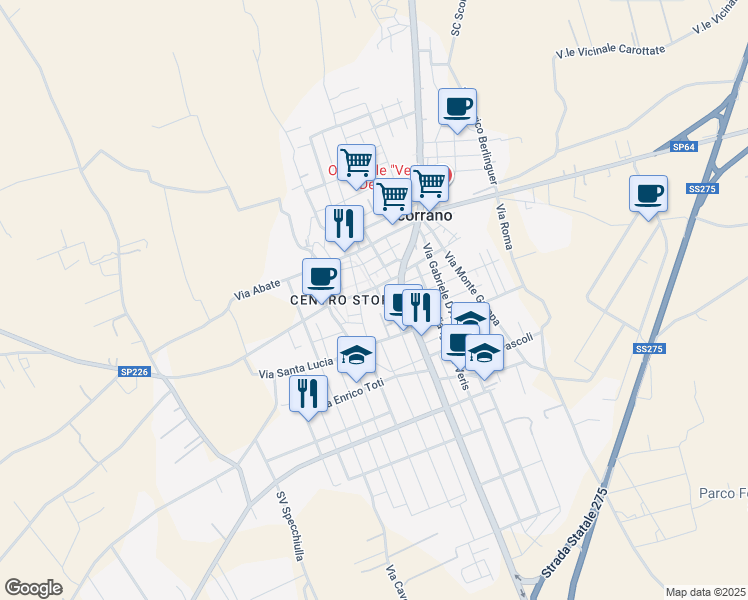 map of restaurants, bars, coffee shops, grocery stores, and more near 57 Piazza Vittorio Emanuele in Scorrano