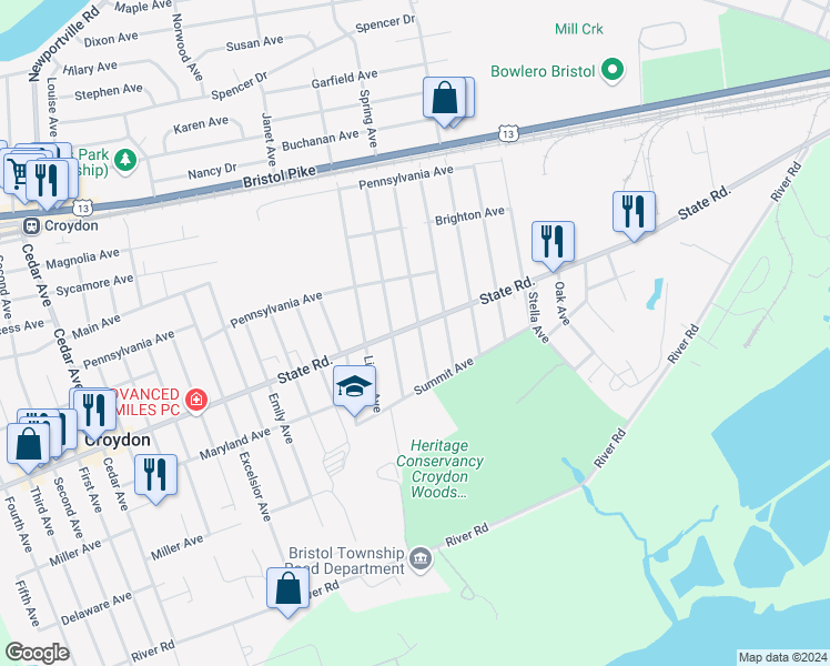map of restaurants, bars, coffee shops, grocery stores, and more near 2014 State Road in Croydon
