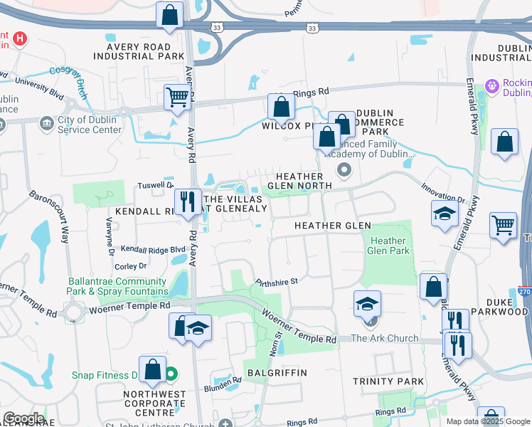map of restaurants, bars, coffee shops, grocery stores, and more near 6107 Innovation Dr in Dublin