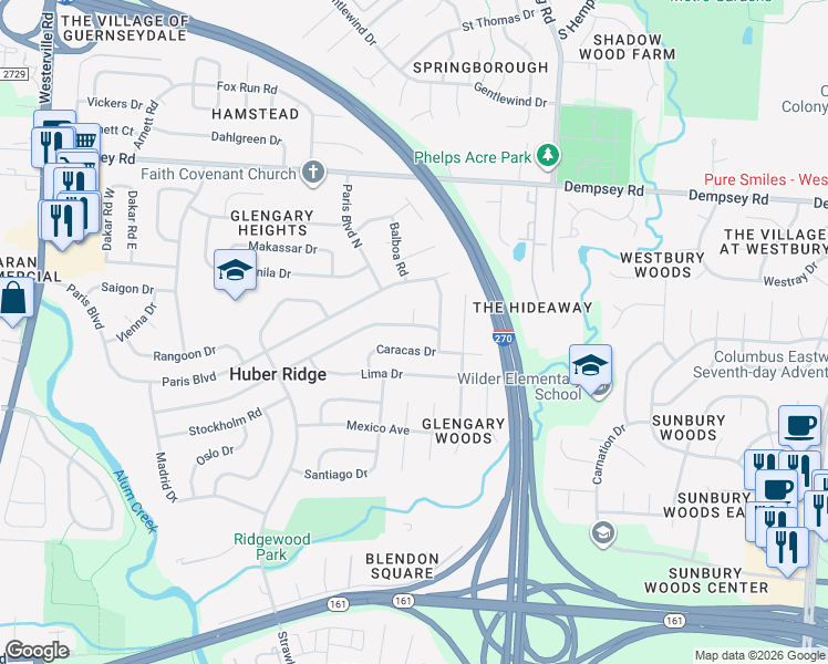 map of restaurants, bars, coffee shops, grocery stores, and more near 3725 Panama Drive in Westerville