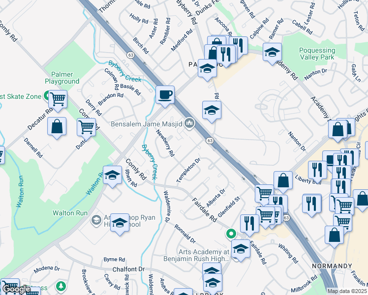 map of restaurants, bars, coffee shops, grocery stores, and more near 12023 Salina Place in Philadelphia