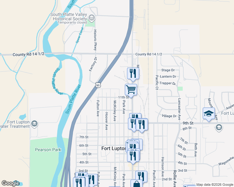 map of restaurants, bars, coffee shops, grocery stores, and more near 1120 McKinley Avenue in Fort Lupton