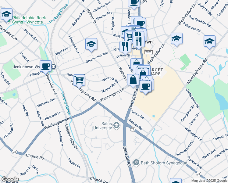 map of restaurants, bars, coffee shops, grocery stores, and more near 257 Washington Lane in Jenkintown