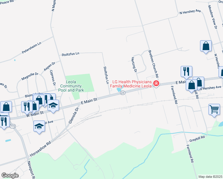 map of restaurants, bars, coffee shops, grocery stores, and more near 5 Stoltzfus Lane in Leola