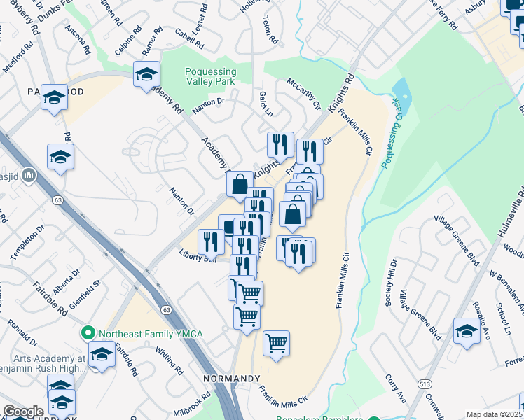 map of restaurants, bars, coffee shops, grocery stores, and more near 599 Franklin Mills Circle in Philadelphia