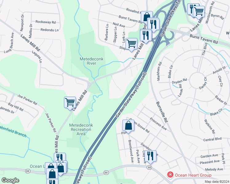 map of restaurants, bars, coffee shops, grocery stores, and more near 716 Sandra Place in Brick Township