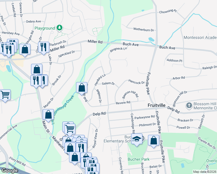 map of restaurants, bars, coffee shops, grocery stores, and more near 644 Candlewyck Road in Lancaster