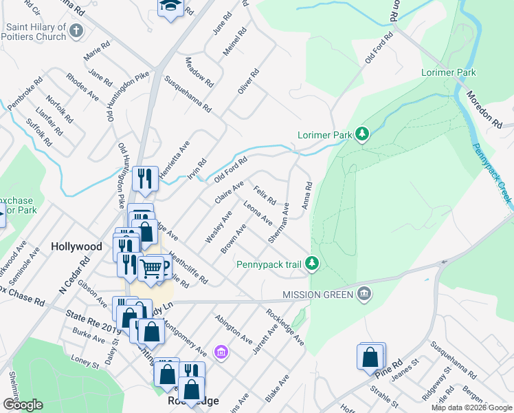map of restaurants, bars, coffee shops, grocery stores, and more near 345 Leona Avenue in Montgomery County