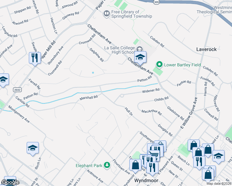 map of restaurants, bars, coffee shops, grocery stores, and more near 1207 Claridge Rd in Wyndmoor