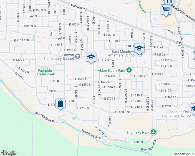 map of restaurants, bars, coffee shops, grocery stores, and more near 1482 South 1760 East in Spanish Fork