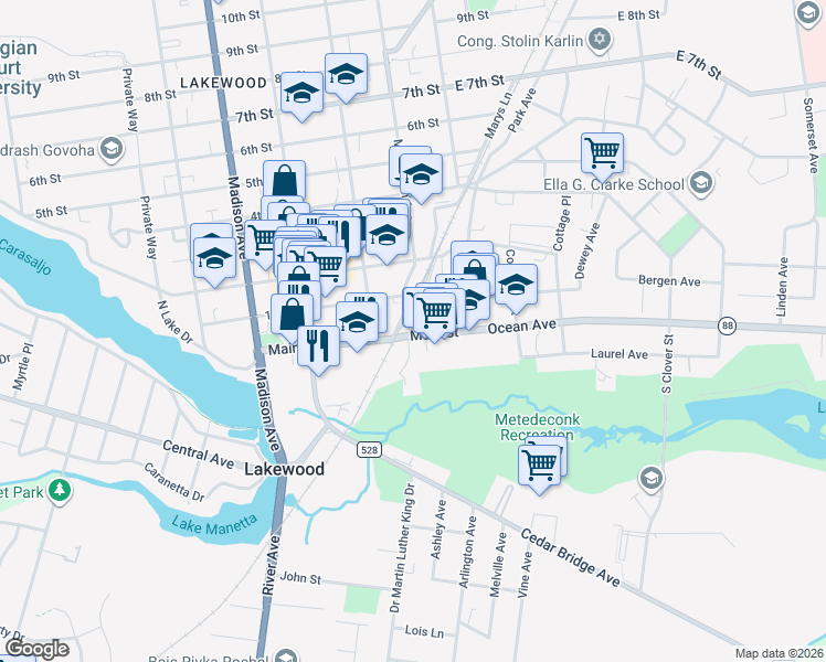 map of restaurants, bars, coffee shops, grocery stores, and more near 125 Main Street in Lakewood