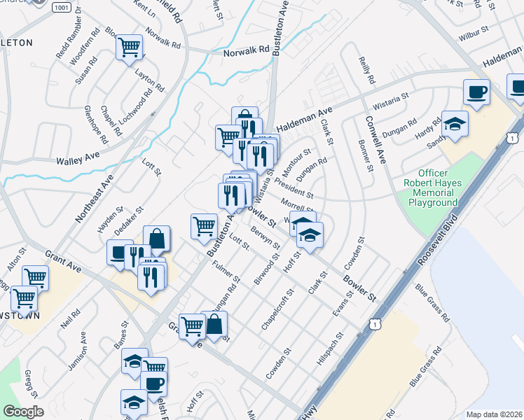 map of restaurants, bars, coffee shops, grocery stores, and more near 1823 Bowler Street in Philadelphia
